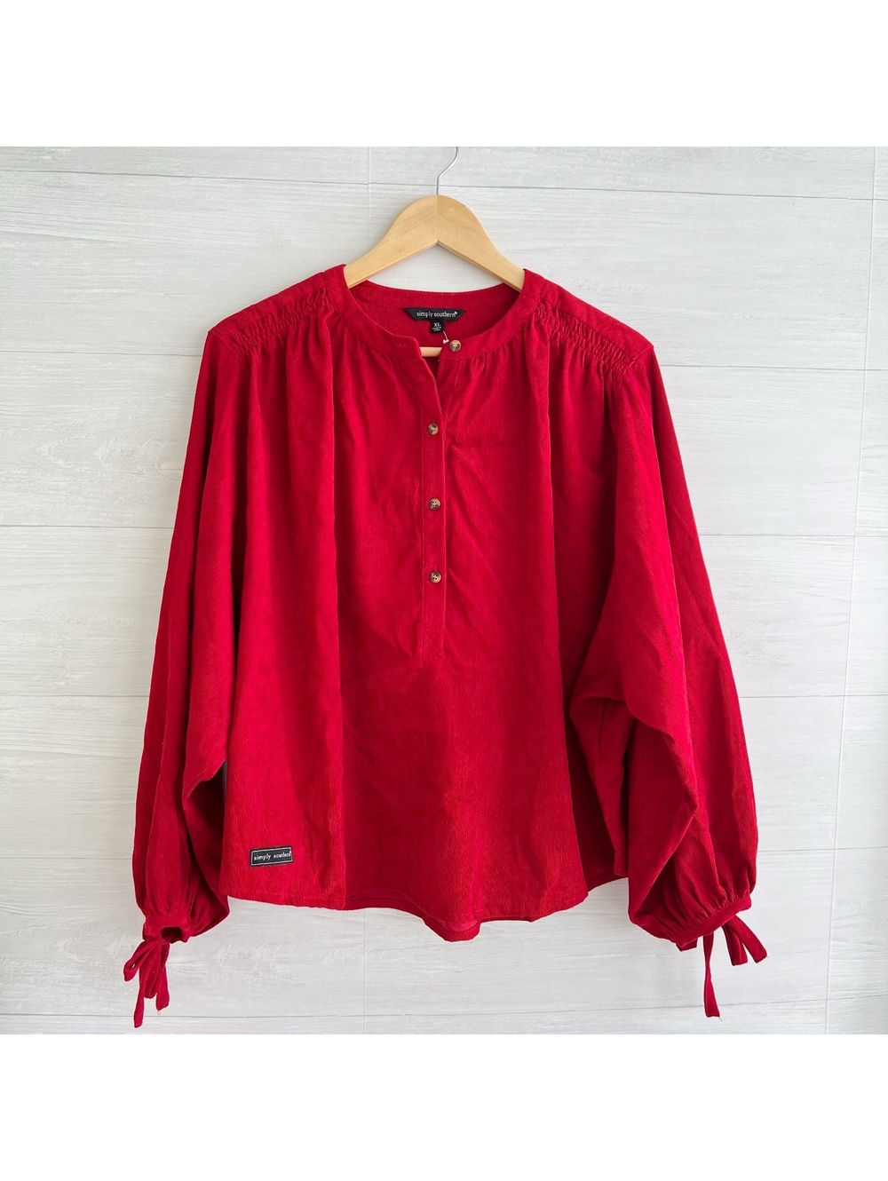 NWT Simply Southern Red Corduroy Henley Peasant Blouse Tie Sleeve XL